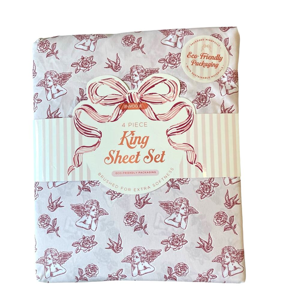 Envogue 4-Piece KING Sheet Set Cherubs & Roses Pink Valentines Day NEW